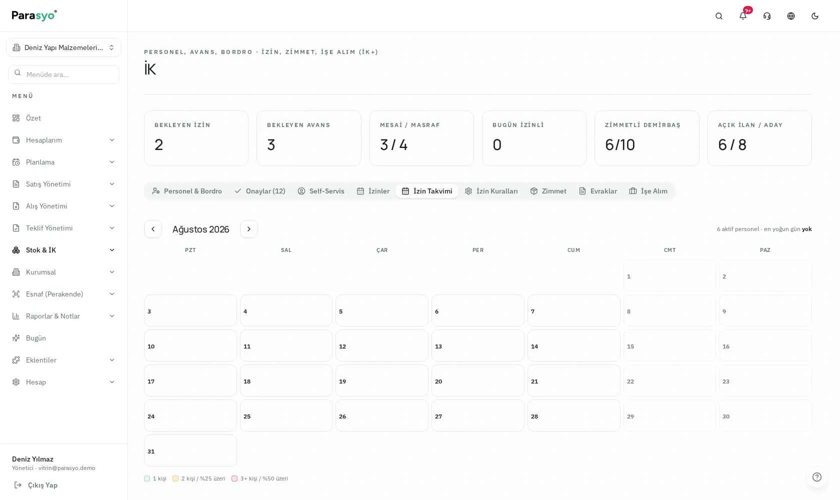 Parasyo İK+ izin takvimi ekranı