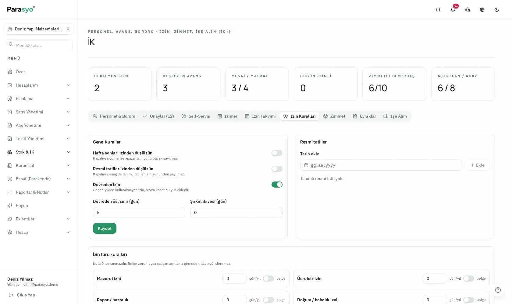 Parasyo İK+ izin kuralları ekranı