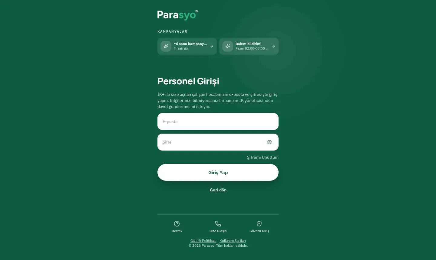 Parasyo çalışan giriş formu ekranı
