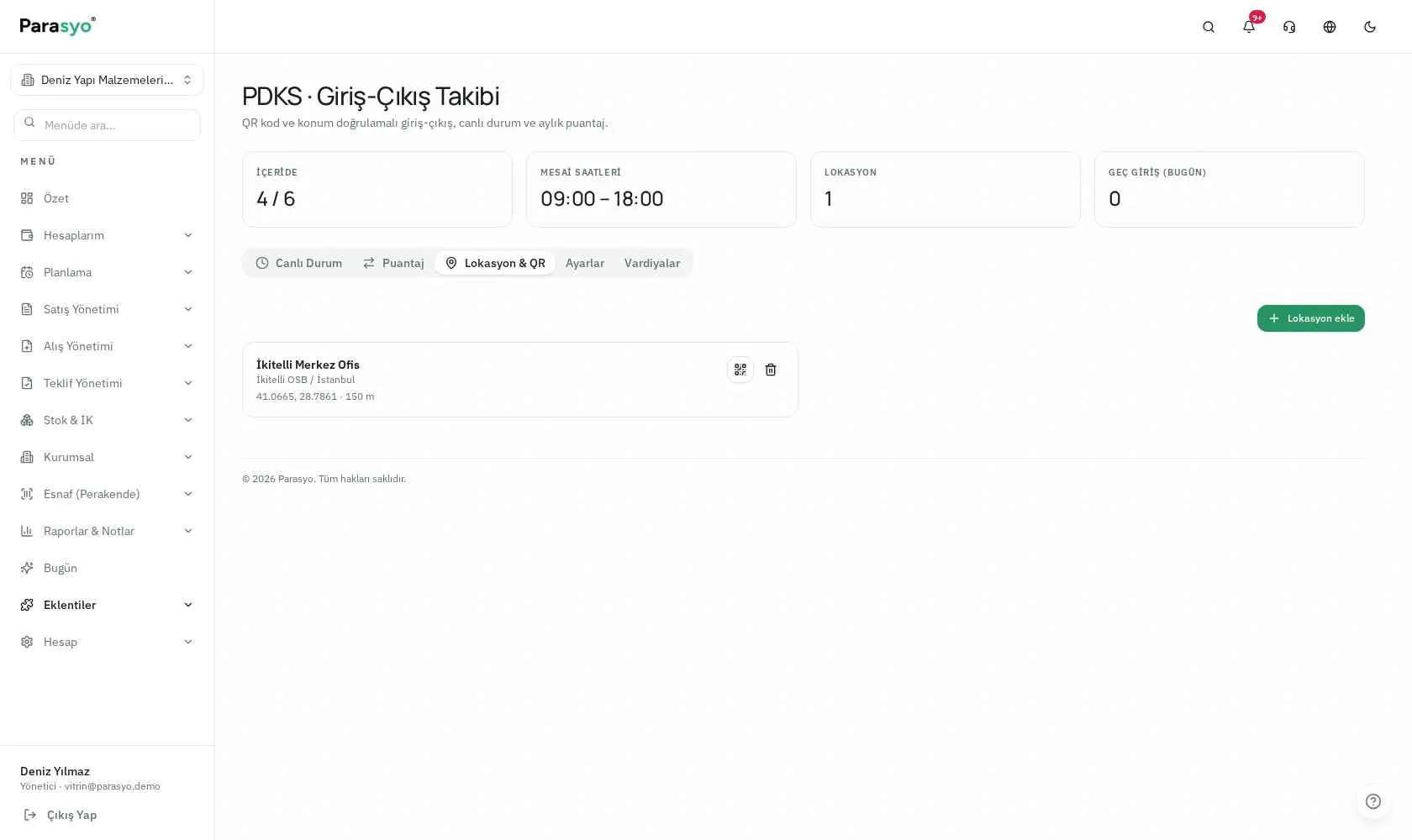 Parasyo PDKS konum doğrulamalı QR ekranı
