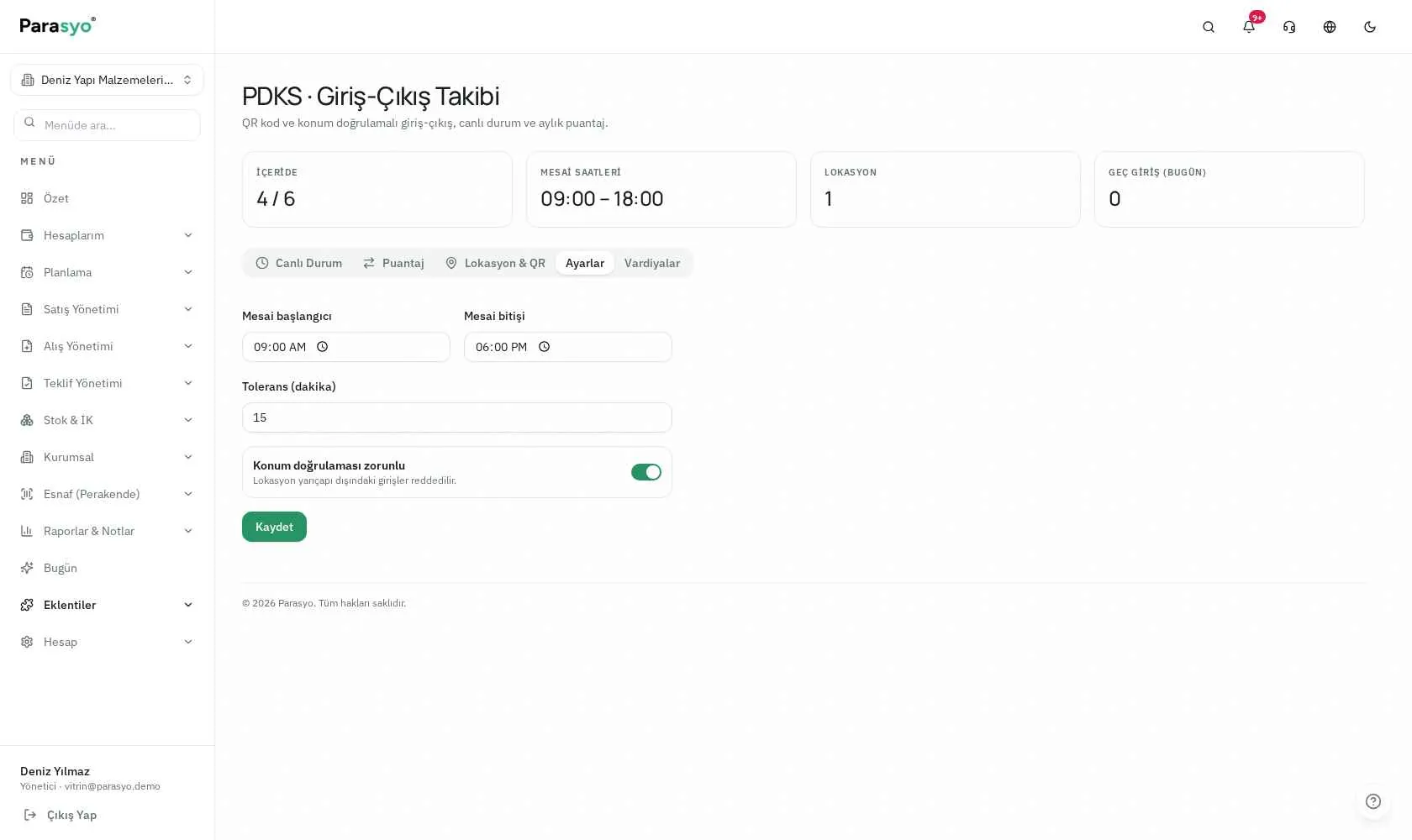 Parasyo PDKS mesai ayarları ekranı