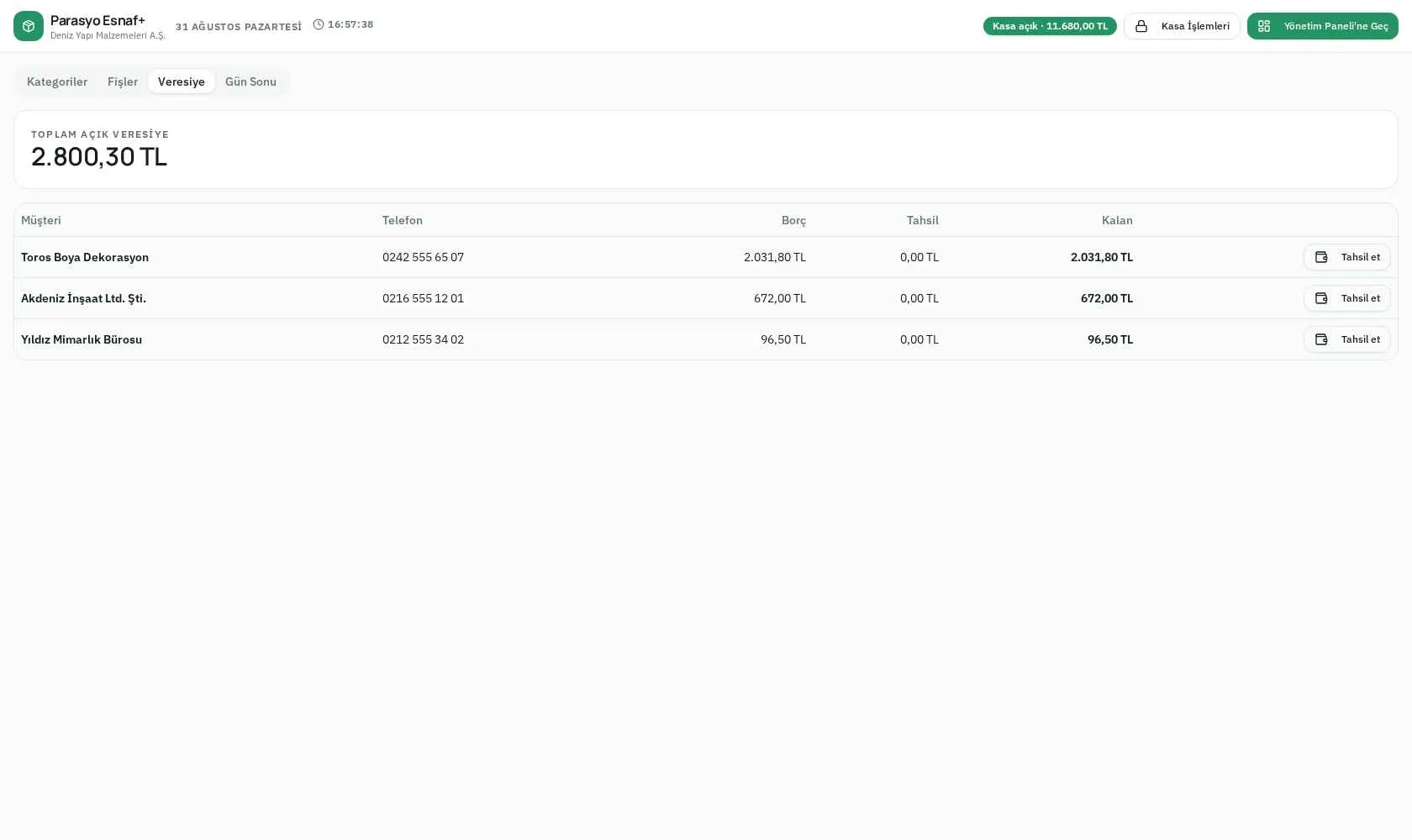 Parasyo POS veresiye defteri ekranı