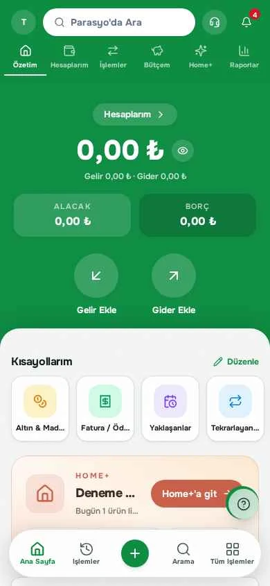 TEK EKRAN — Paran ve evin aynı ekranda; uygulamalar arasında gezinmek yok.