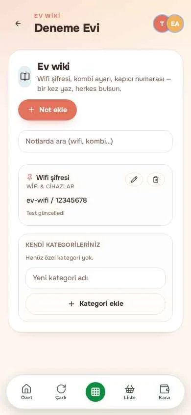 EV WİKİ — Wifi şifresi, kombi ayarı, kapıcı numarası; bir kez yaz, herkes bulsun.