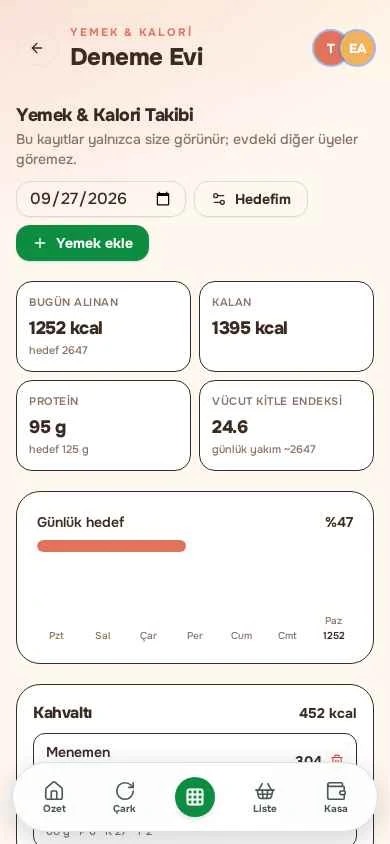 Home+ meal and calorie screen