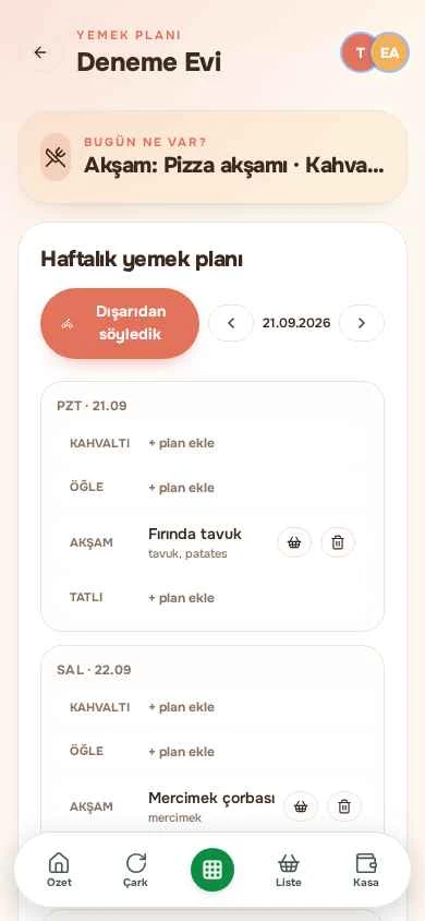 YEMEK PLANI — Akşam ne var, kim pişiriyor; malzemeler tek tuşla alışveriş listesine.